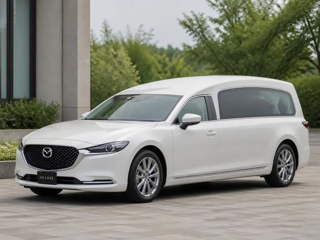 Carroza fúnebre Mazda blanca de la funeraria